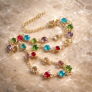 Multicolor Crystal Station Necklace Gold Tone Adjustable Rainbow Link Chain